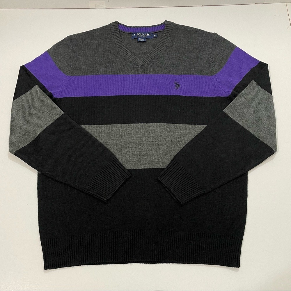 US Polo Assn Mens Vneck Sweater Size M Purple Grey Black Striped Colorblock Knit